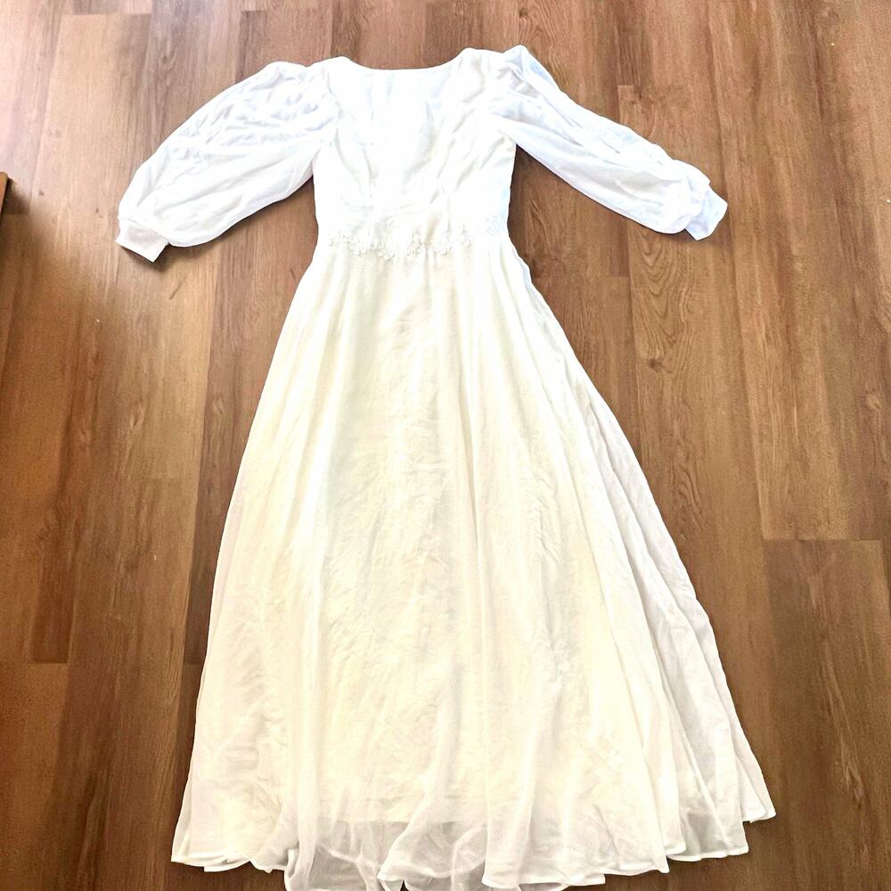 Off White A-Line Full-Length Organza Wedding Dress Scoop Neck Puff Sleeves 6